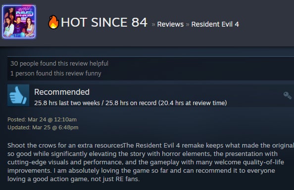 Steam ユーザーによる Resident Evil 4 のテキスト レビューのスクリーンショット。