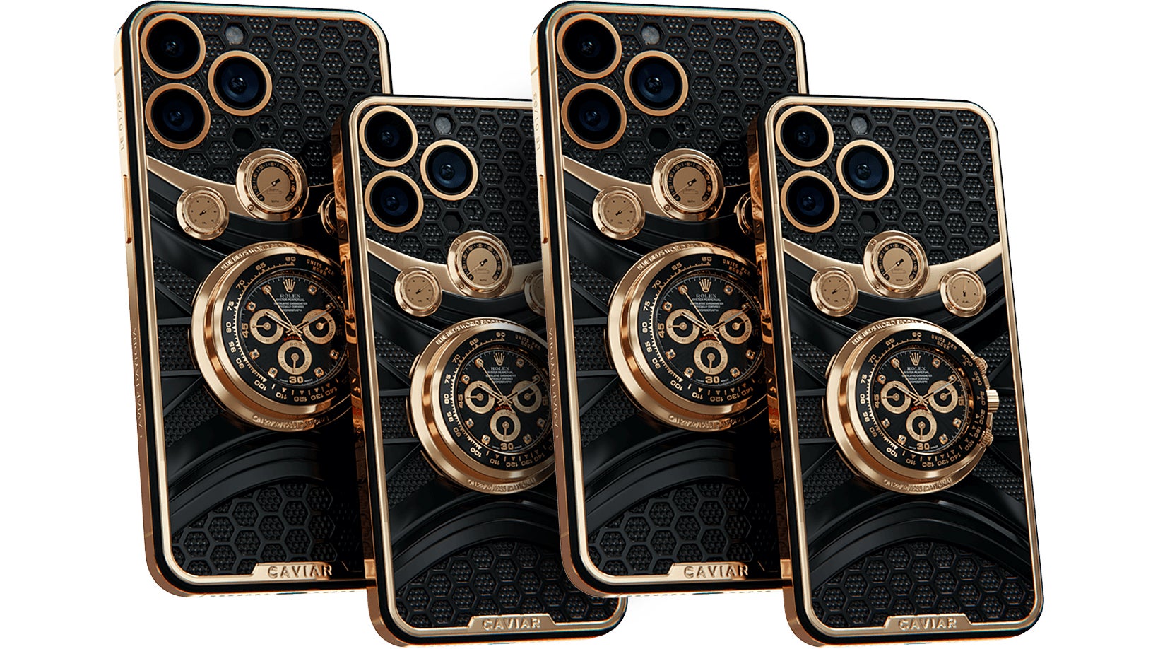 أربع نسخ من علبة الهاتف الذكي Caviar Daytona تتميز بساعة رولكس مدمجة في الخلف.