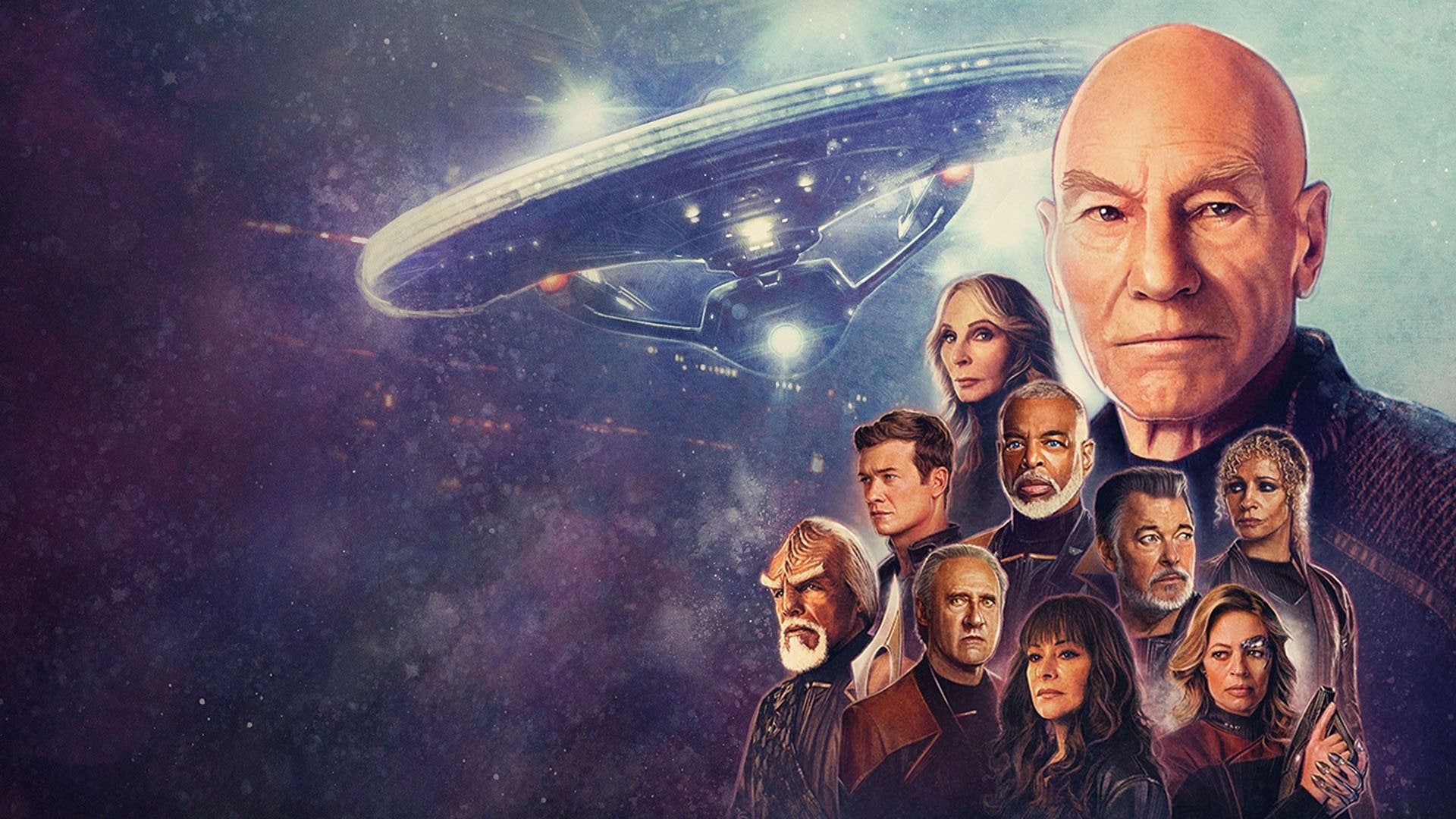 Arte clave de la tercera temporada de Star Trek: Picard, que muestra al elenco principal.