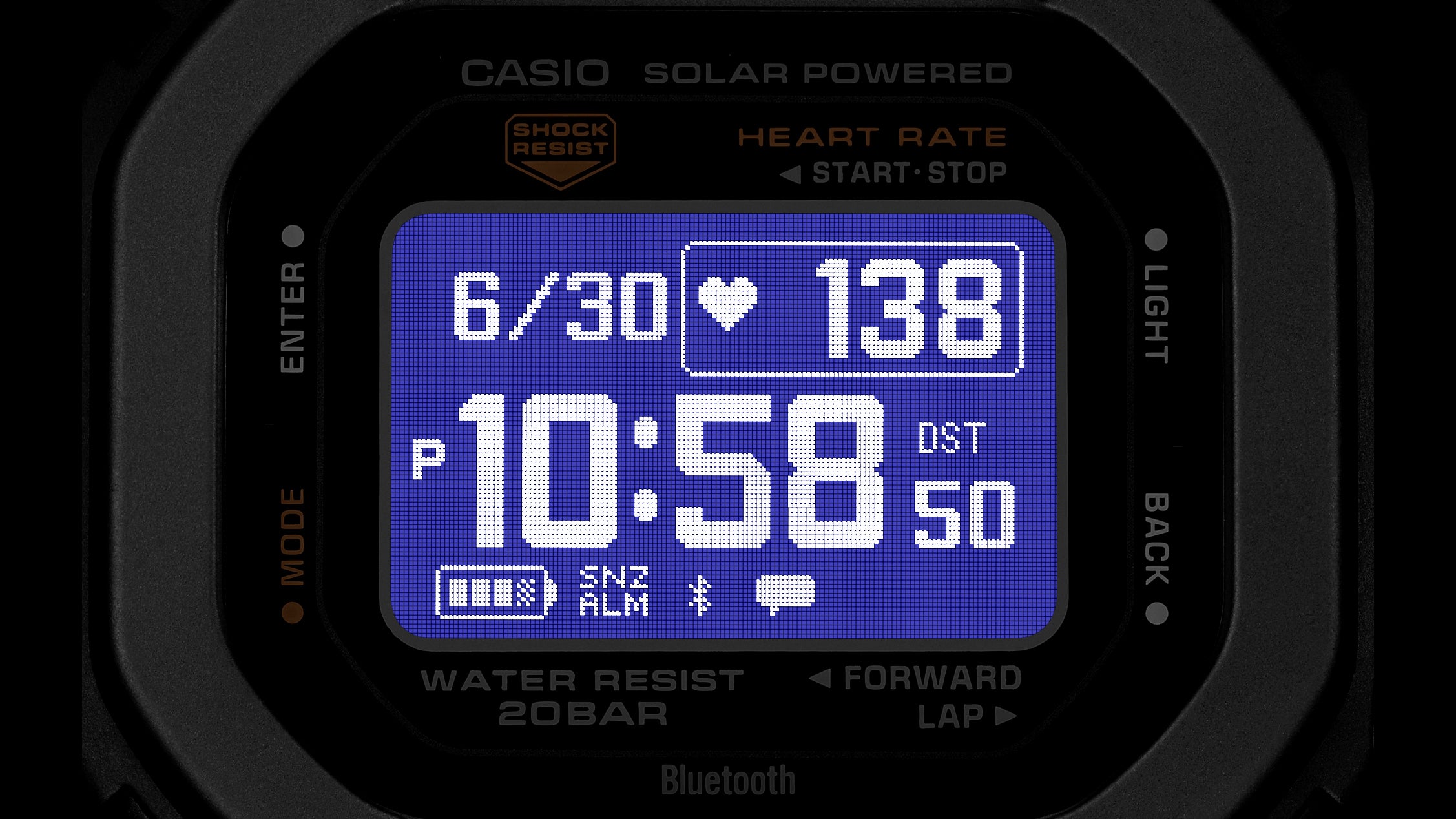 Close-up of the Casio G-Shock DWH5600 in the dock showing its full pixel display and improved backlighting.