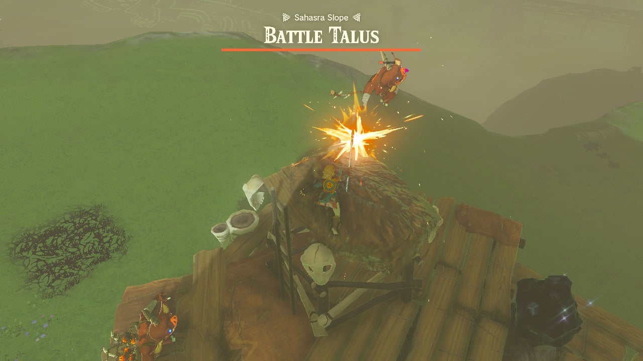 Link strikes the Bokugoblin atop the Battle Talos.