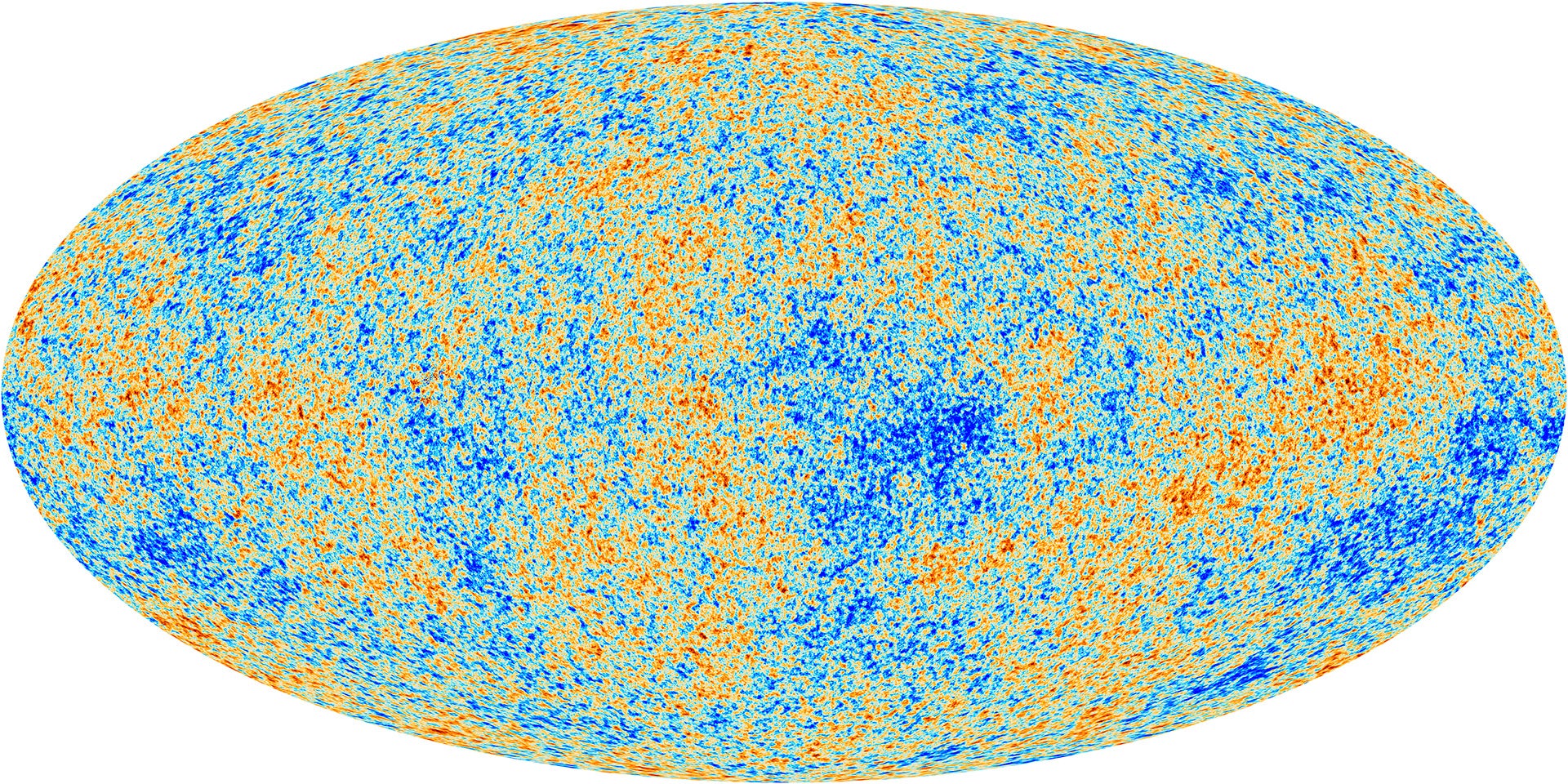 Der kosmische Mikrowellenhintergrund, wie er vom Planck-Observatorium der Europäischen Weltraumorganisation gesehen wird.