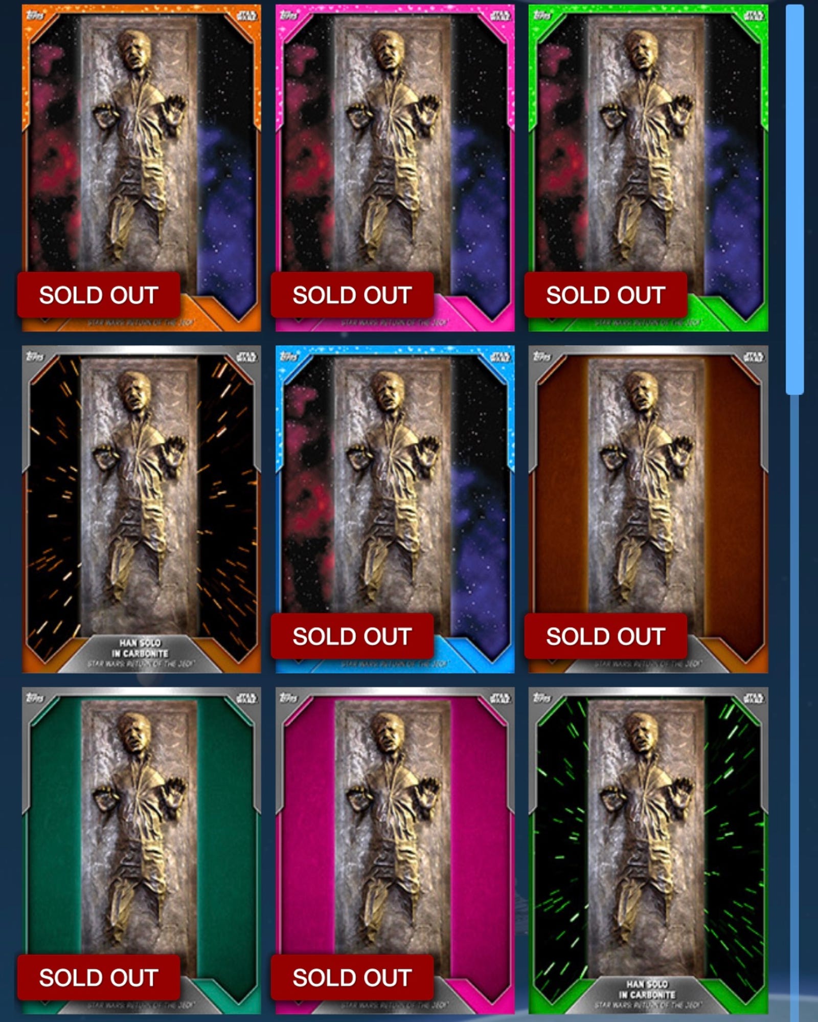 A slide show of my previous months-long task: Acquiring one of every variant of the 2016 Han Solo in Carbonite base card. These are 2cc though 16cc.