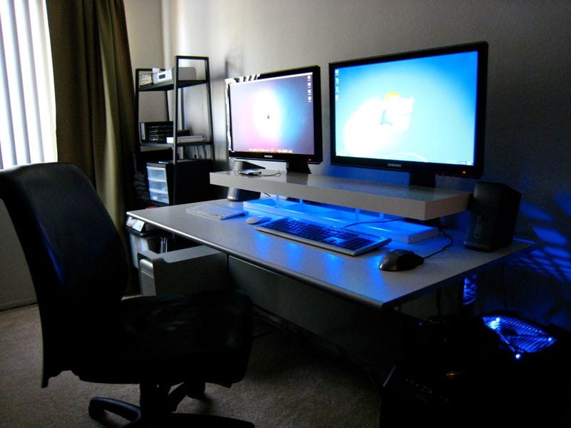 Dual Screens Blue Leds And A Diy Desk Shelf
