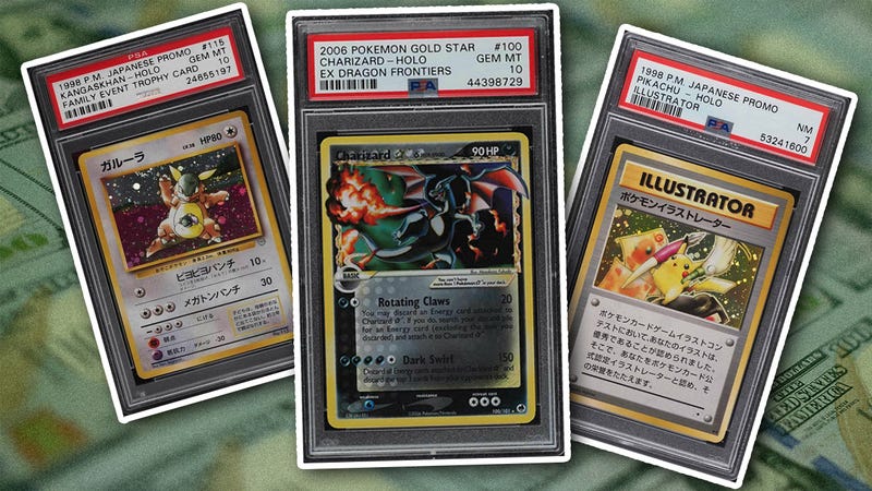  Tre carte Pokémon preziose distribuite su un'immagine di sfondo di denaro. 