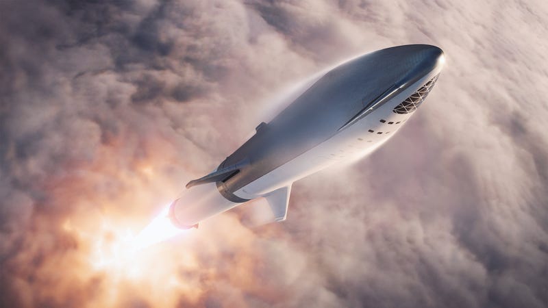 Conceptual view of a SpaceX Starship rocket blasting off. 