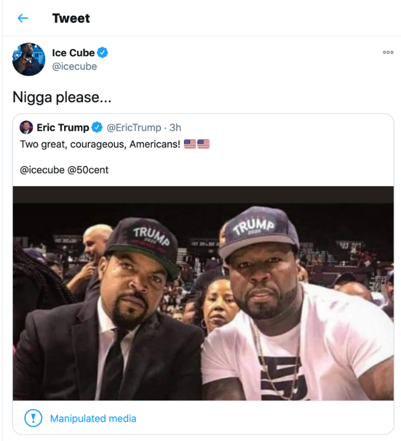 Eric Trump Tweets Photoshopped Image Of Ice Cube And 50 Cent In Pro Trump Caps