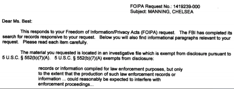 Chelsea Manning S Fbi Files Are Central To Ongoing Criminal Proceedings Bureau Claims