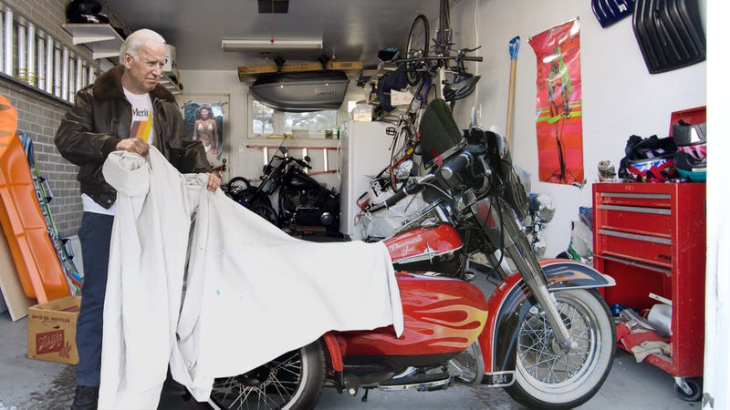 Biden Pulls Off Dusty Tarp Covering Old Campaign Motorcycle
