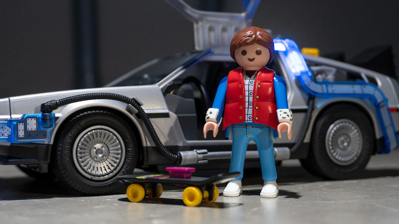 Playmobil’s Marty McFly sports his 1985 costume from the film and includes his present-day skateboard. But we would have really liked to see his hoverboard from 2015 included as well.