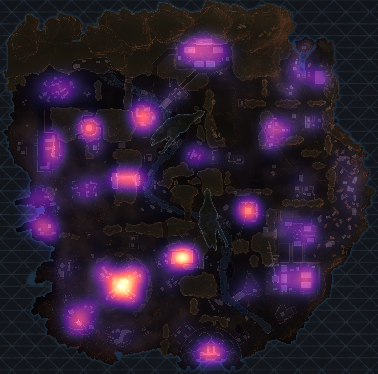 The heatmap for Season 2 unranked players. Note the hot spots at the south of the map.