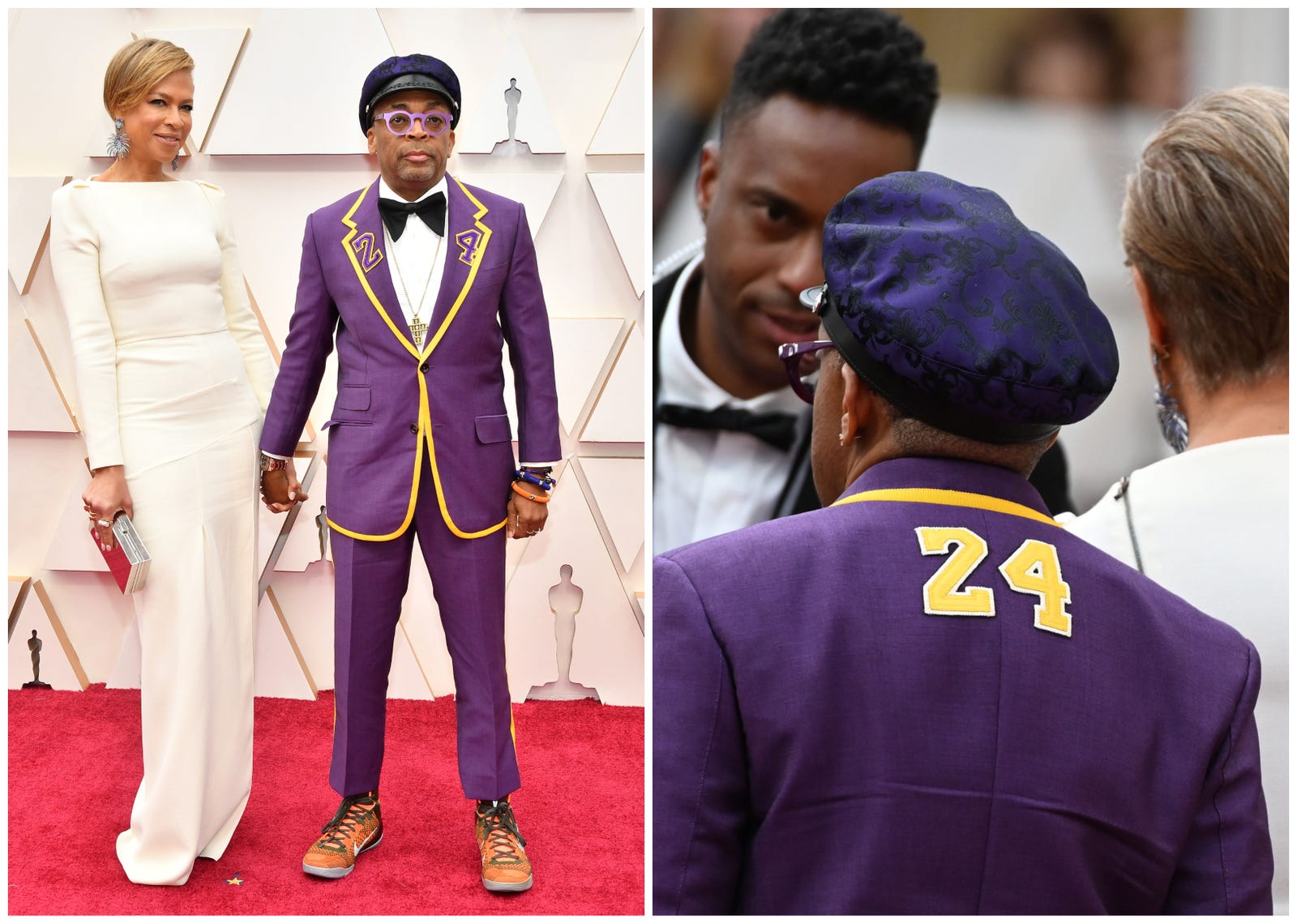 Spike Lee arrives with wife Tonya Lewis Lee, wearing the number 24 on his jacket in remembrance of late NBA legend Kobe Bryant