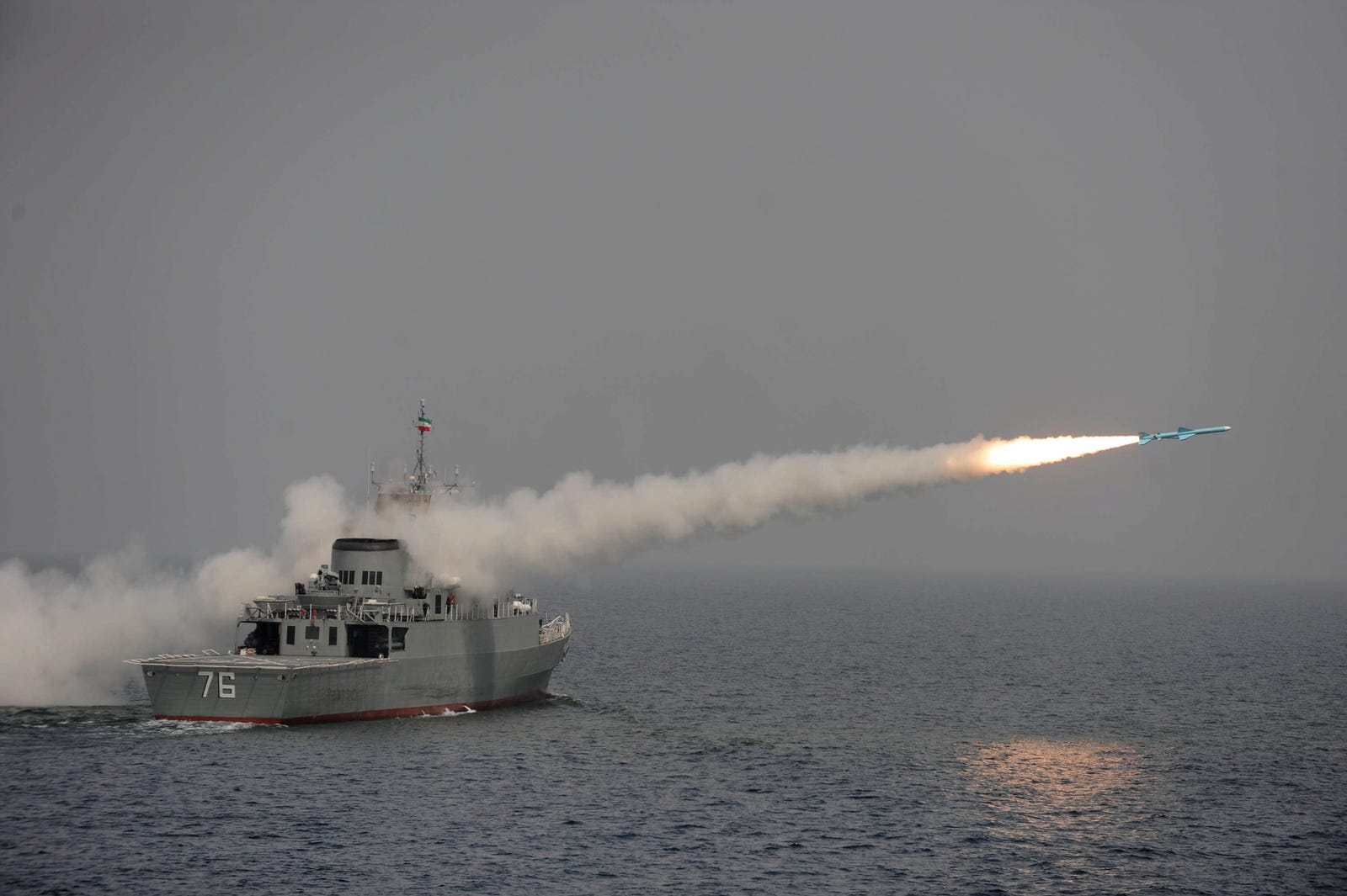 File photo of the Jamaran firing a missile, reported to be a Noor, a long-range anti-ship missile manufactured by Iran and based on the Chinese C-802, in an exercise in the southern waters of Iran, Tuesday, March 9, 2010. 