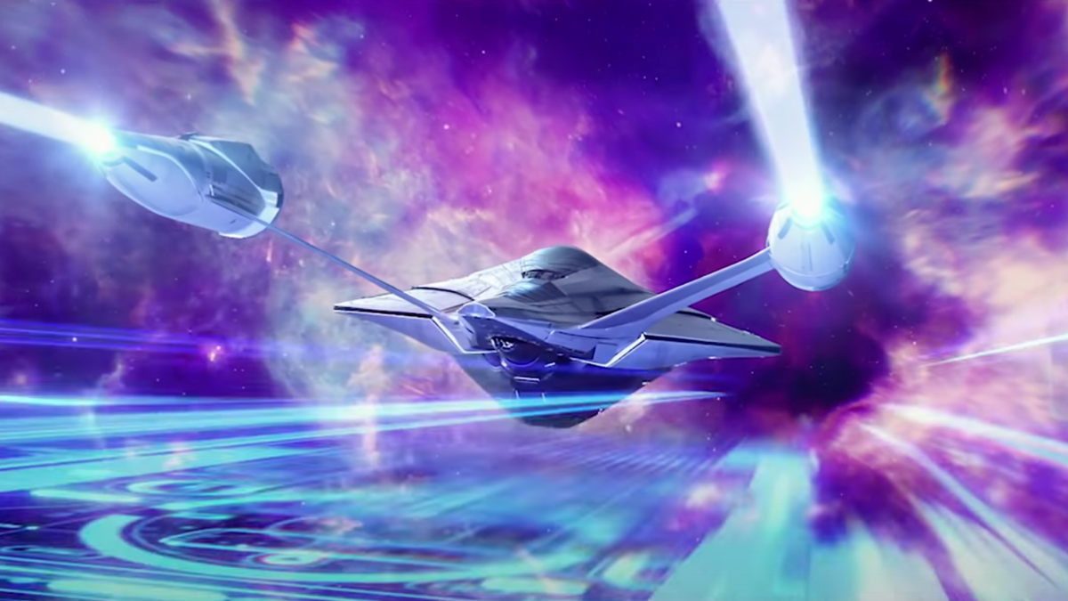 The U.S.S. Protostar traveling at warp speed, from Star Trek: Prodigy
