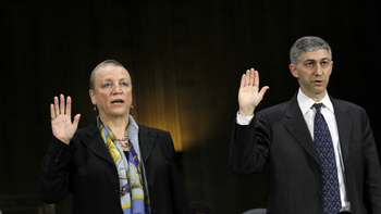 Irene Dorner, president and chief executive officer of HSBC Bank USA, N.A. and HSBC North America Holdings, Inc., left, and Stuart A. Levey, chief legal officer of HSBC Holdings plc, are sworn in before testifying before the permanent Subcommittee on Investigations, July 17, 2012.
