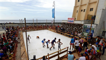 A creation by U.S. artist Duke Riley called &quot;La esquina fria&quot; for the 12th Havana Biennial, is seen at Havana&#039;s seafront boulevard &quot;El Malecon&quot; May 24, 2015. The ice rink by Riley is an artistic representation of the thaw in United States-Cuba relations. Young and old came out to marvel at the spectacle with mostly older people watching and the children enjoying the simple pleasure of skating around the rink.