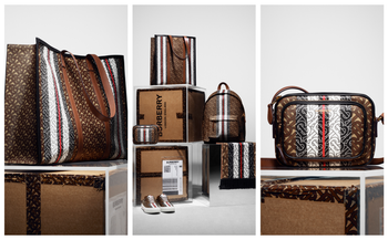 A range of Burberry leather goods, such as a backpack, handbag, and waist bag, in Burberry&#039;s new monogram print