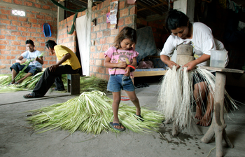 Maria Pico (R) weaves a Panama hat in El Aromo, a coastal village in the Province of Manabi in this photo taken January 6, 2007. Ecuadoreans have mostly swallowed their chagrin and accepted that their most famous export will for evermore be known as the &quot;Panama hat&quot;.