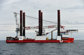 An installation vessel with cranes, used by German energy company E.O.N., at the &quot;Amrumbank West&quot; wind farm.