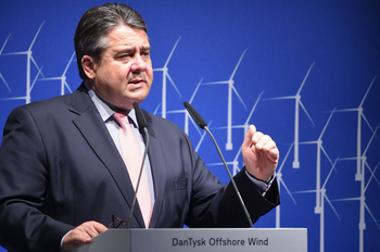 Sigmar Gabriel, German Minister for Economic Affairs, at the opening ceremony of the Dan Tysk offshore wind farm, located 70 km (43.5 miles) west of the German island of Sylt in the North Sea, April 30, 2015.