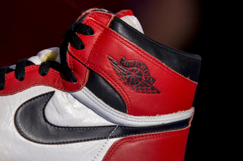 The famous Nike swoosh and Air Jordan logo is seen on an Air Jordan 1