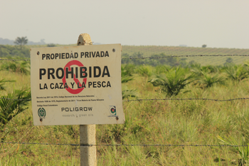 A sign belonging to agribusiness company Polygrow prohibits hunting and fishing, 2014.