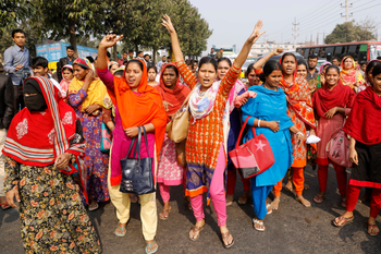 Bangladeshi garment workers shout slogans during a protest in Savar, on the outskirts of Dhaka, Bangladesh, Wednesday, Jan. 9, 2019. Thousands of garment workers have staged demonstrations to demand better wages for the fourth straight day, shutting down factories on the outskirts of Bangladesh&#039;s capital. Bangladesh has the second-largest garment-export industry in the world after China and makes clothes for big-name retailers. (AP Photo)