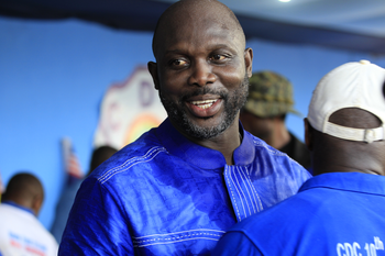 Former Liberian soccer player and current Senator George Weah smiles after addressing thousands of supporters of the Congress for Democratic Change (CDC) party who petitioned him to contest Liberia&#039;s Presidential elections in 2017, at Party headquarters in Monrovia, Liberia, 28 April 2016. George Weah contested the 2005 and 2011 Presidential elections, but lost to incumbent Ellen Johnson Sirleaf on both occasions. Sirleaf&#039;s second term in office will end in 2017.
