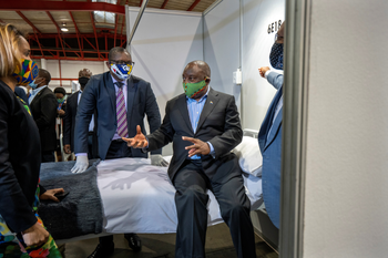South African President Cyril Ramaphosa visits Covid-19 treatment facilities in Johannesburg on April 24.
