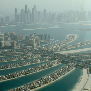 An aerial photo of the Palm Islands in Dubai, UAE.