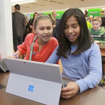 Students from Knollwood Middle School in Fair Haven, New Jersey, participate in the Minecraft Hour of Code tutorial at the Microsoft Flagship Store