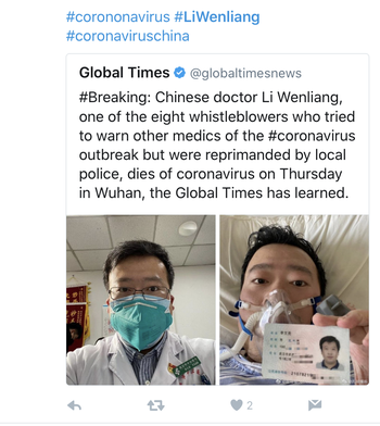 The Global Times breaking news tweet on Li Wenliang’s death was later deleted.