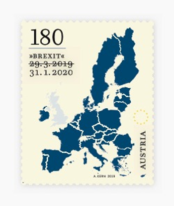 A stamp showing Europe and the UK greyed out with 29.3.2019 crossed out and 31.1.2020 printed underneath