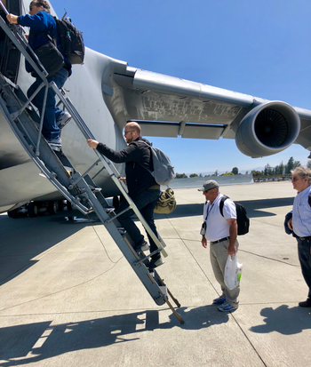 Passengers board a C-5 Galaxy at Moffett Airfield, California.