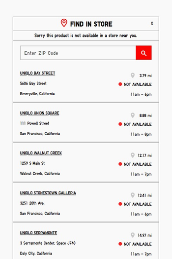 Uniqlo store locator showing that all nearby stores were sold out of the item.