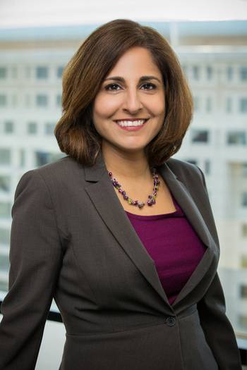 Neera Tanden of the Center for American Progress smiles and stands in front of a window wearing a grey blazer, dark purple top and a necklace.
