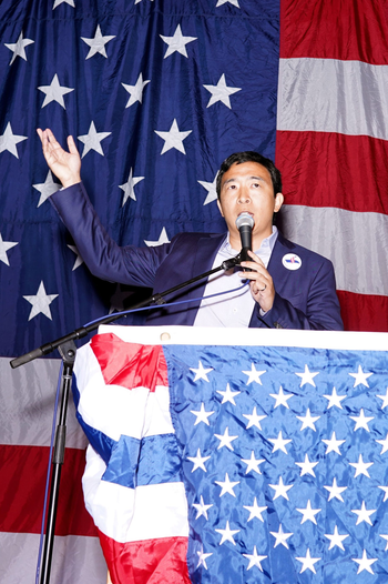 Entrepreneur Andrew Yang speaks at the Iowa Democratic Wing Ding in Clear Lake, Iowa, U.S.