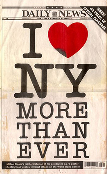 A picture of the Daily News front page with Milton Glaser&#039;s I Heart NY MORE THAN EVER poster, after September 11, 2001