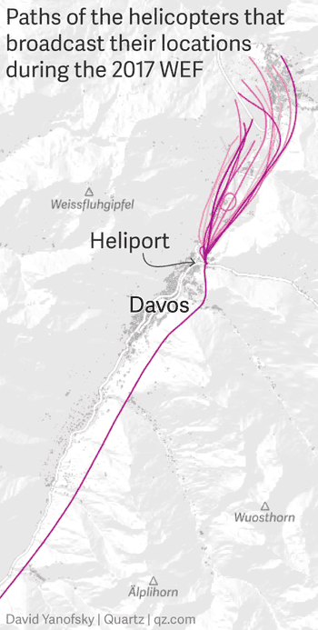 Paths of the helicopters that broadcast their locations during the 2017 WEF
