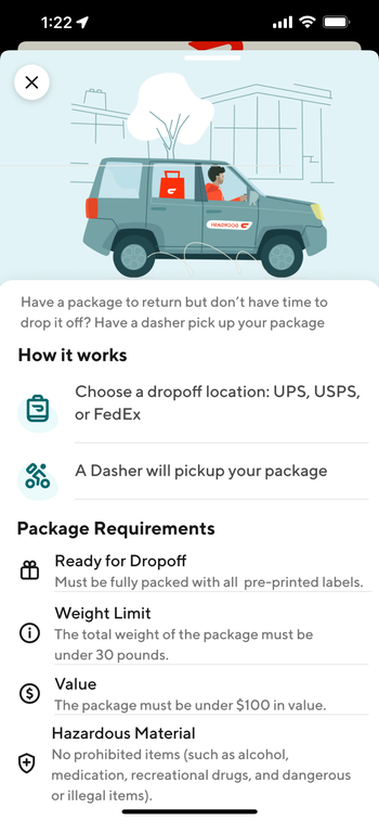 Screenshot of DoorDash app explaining how pickup service works.