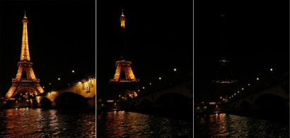 A combo picture shows the Eiffel Tower before (L) and during Earth Hour in Paris, France, March 25, 2017 at which lights are switched off around the world at 8:30 p.m. on Saturday evening to mark the 10th annual Earth Hour and to draw attention to climate change.