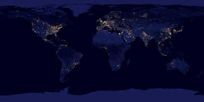 A satellite image of the world at night.