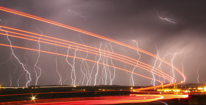 Mass lightning bolts light up night skies by Daggett airport.