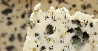 A piece of French Roquefort blue cheese in a shop in Paris.
