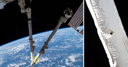 A 5 mm hole from a debris strike is visible on the International Space Station's robotic arm.