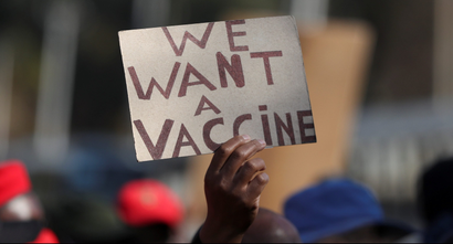 Supporters of the Economic Freedom Fighters (EFF) march to demand a rollout of coronavirus disease vaccines, in Pretoria on June 25.