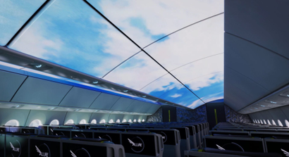 Projections of a day sky on the interior ceilings of a Boeing plane