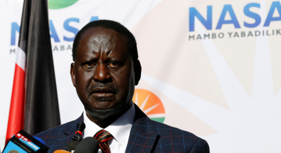 Opposition leader Raila Odinga speaks at a news conference at the offices of the National Super Alliance (NASA) coalition in Nairobi, Kenya August 16, 2017.