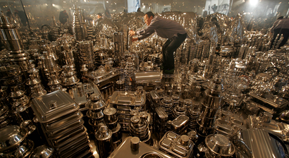 Chinese sculptor Zhan Wang's London skyline in pots, pans, and other kitchenware