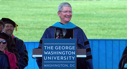 Apple CEO Tim Cook addresses the graduates at GWU in Washington, DC.